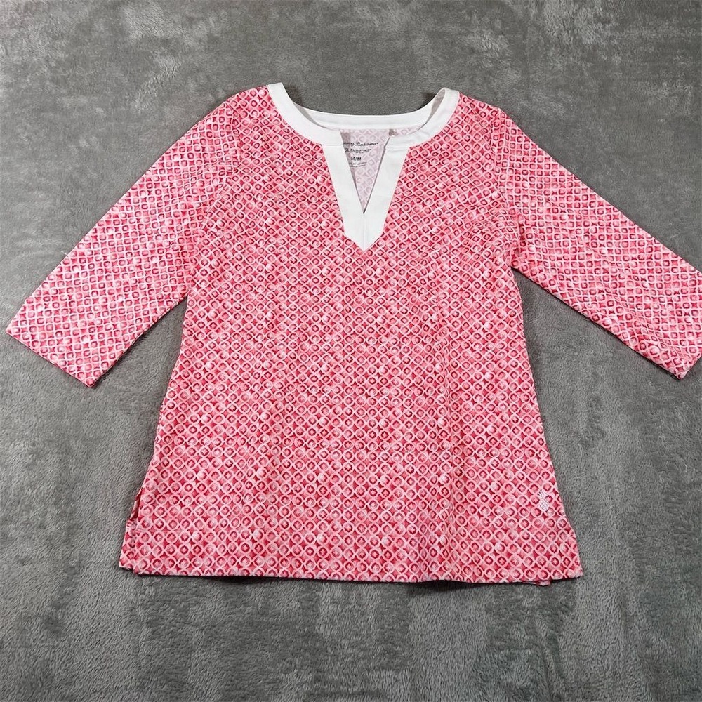 Tommy Bahama Women's Pink Geometric 3/4 Sleeve Tunic Top Size Medium Island Zone